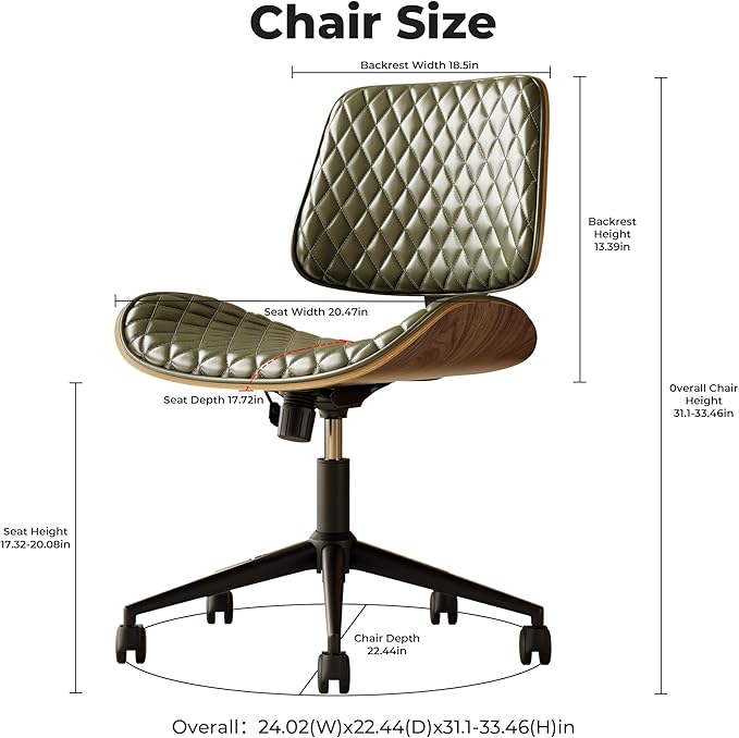Home Office Desk Chair with Wheels, Armless Adjustable Height PU Leather Office Chair, Mid Back Ergonomic Computer Chair, Walnut Curved Seat Design No-Arm Chair (All-Green)