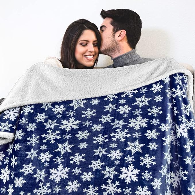 PAVILIA Premium Christmas Sherpa Throw Blanket | Blue Snowflake Decoration, Fleece, Plush, Warm, Cozy Reversible Microfiber Holiday Blanket 60 x 80 Inches