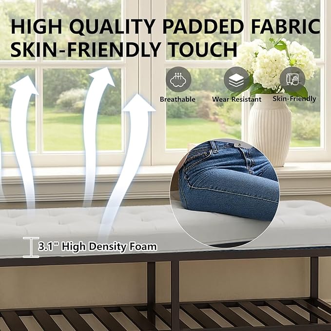 Rectangular Upholstered Tufted Linen Ottoman Storage Bench, Large Footrest Ottoman with Iron Base, White End of Bed Bench for Entryway, Living Room, Bedroom