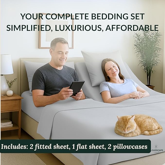 Cloud Scape Linen 100% Egyptian Cotton Split King Sheet Set for Adjustable Bed,400 Thread Count, 5 Pcs Bedding Set, Soft, Breathable and Durable, Deep Pockets up to 17, Light Grey
