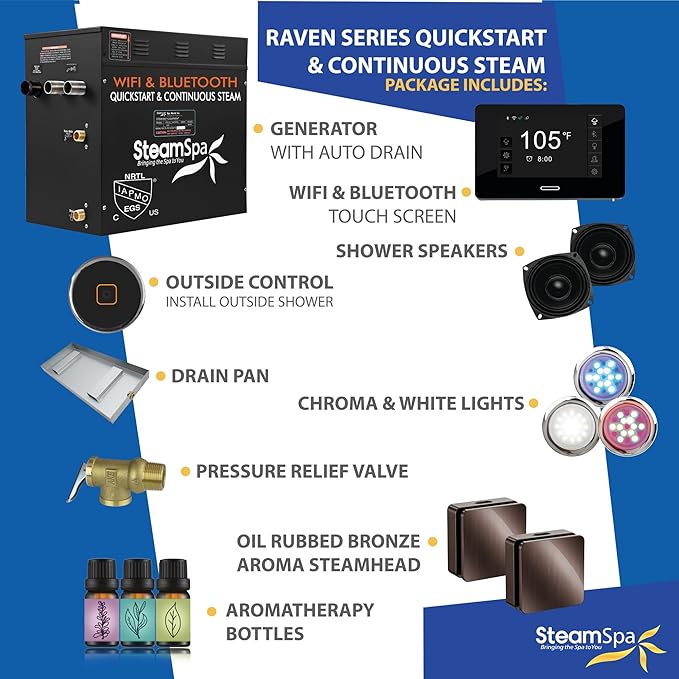 SteamSpa Steam System 12kW Steam Shower Generator with Bluetooth Wifi, Quickstart Continous Steam, Advanced Touch Pad Screen, Chroma Lights, Drain Pan and Auto Drain Oil Rubbed Bronze RVBS1200ORB-A