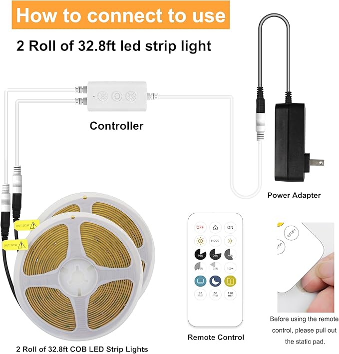 65.6ft COB LED Strip Light Warm White, High Bright LED Strips with 320LEDs, RF Remote and UL Power Supply, 2700K Dimmable LED Lights for Bedroom,Kitchen, DIY Home Decoration, 2 Rolls of 32.8ft