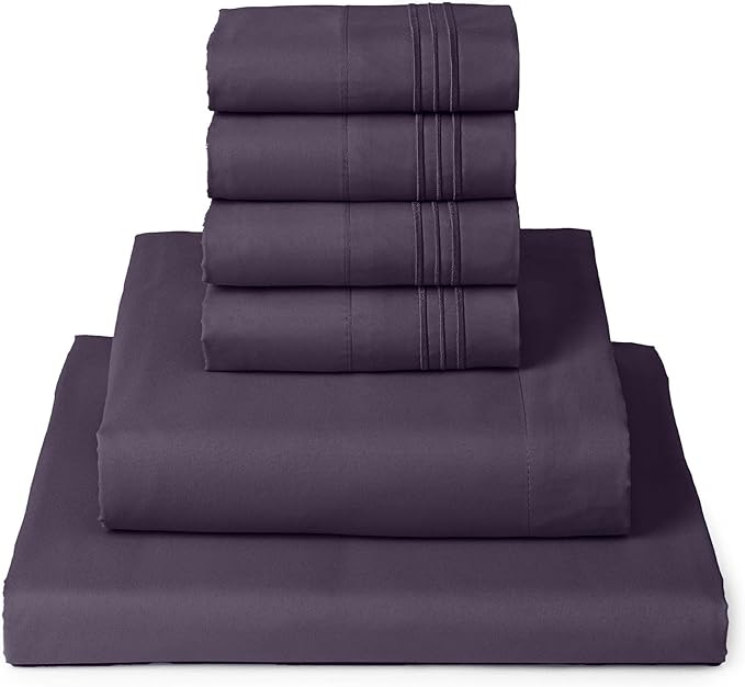 Mellanni King Sheet Set - 6-Piece Iconic Collection Bedding, (Including 4 Pillowcases), 16-Inch Deep Pocket, Easy Care, Extra Soft, Cooling Sheets, Brushed Microfiber - Purple