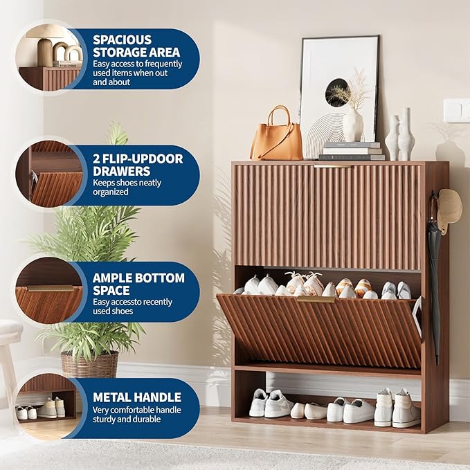 Garvee Fluted Shoe Storage Cabinet, Slim Hidden Shoe Rack Cabinet with 2 Flip Drawers & Bottom Open Shelf, Freestanding Entryway Organizer, Perfect for Closet, Hallway, Foyer, Walnut