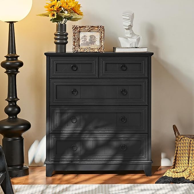 Farmhouse 5 Drawer Dresser for Bedroom, 33.2" Tall Small Dressers & Chest of Drawers, Rustic Wood Dresser with Metal Handle, Storage Organizer Closet for Living Room, Hallway, Entryway