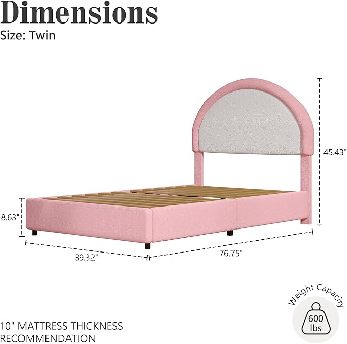 Twin Bed Frames with Headboard, Boucle Upholstered Platform Bed, White Bed Frame, Soft Rounded Corners, No Box Spring Needed, Easy Assembly, Pink&White