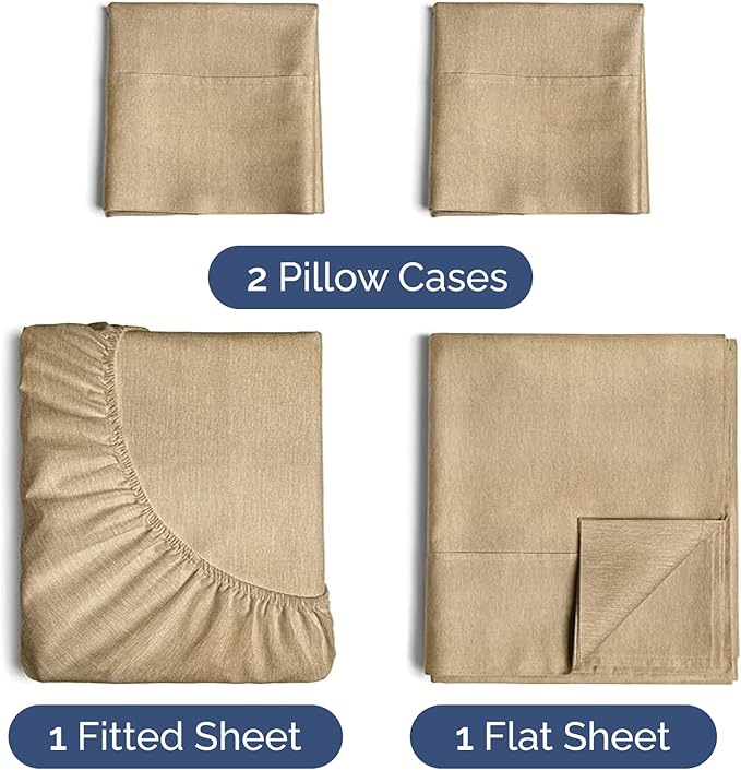 Twin 4 Piece Sheet Set - Cooling, Comfy & Breathable - Hotel Luxury Bedding, Includes Fitted Sheet for Women, Men, Kids & Teens - 1 Flat, 1 Fitted Sheet, 2 Pillowcases w/Deep Pockets - Heathered Tan