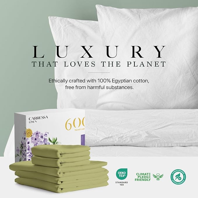 Carressa Linen Split King Sheets Sets for Adjustable Bed - 100% Egyptian Cotton 600 Thread Count 5 PC Top Split King Sheet Set (Sage Green), 16" Deep Pocket Silky Soft Cooling Luxury Hotel Sheets