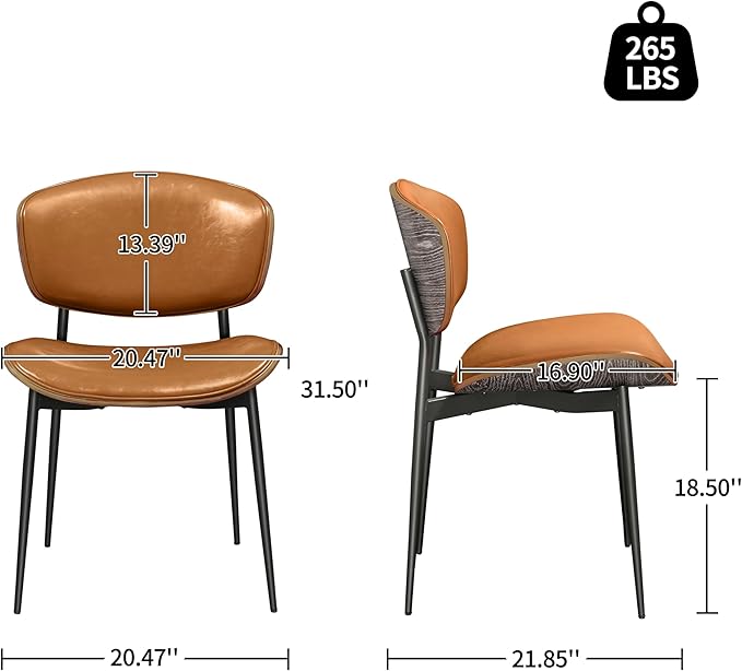 Art Leon Faux Leather Dining Chairs, Set of 2, Mid Century Modern Desk Chair No Wheels, Armless Accent Chair with Black Metal Legs, Brown/Gray Oak