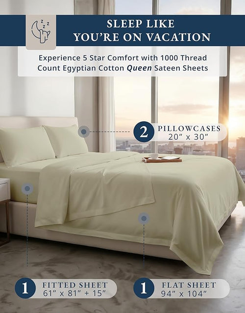 100% Egyptian Cotton Queen Size Sheets – Premium 1000 Thread Count Sheets, 15" Deep Pocket Queen Sheet Set, Silky Sateen Weave, Breathable & Fade Resistant, Soft Luxury Bedding For Holiday Home -Linen