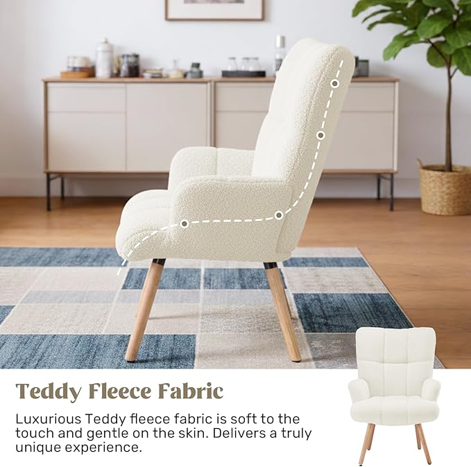 Joysoul Modern Accent Chair, High Back Arm Chair with Wood Legs Sofa Seat Teddy Fleece Fabric Reading Chair for Living Room Bedroom Waiting Room (White)