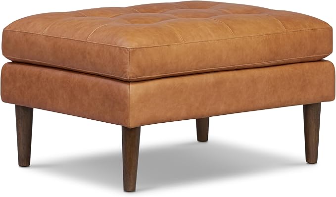 Poly & BARK Napa Ottoman - Full-Grain Leather Upholstered Ottoman with Feather-Down Topper - Couch for Living Room - Vintage Italian Leather in Cognac Tan