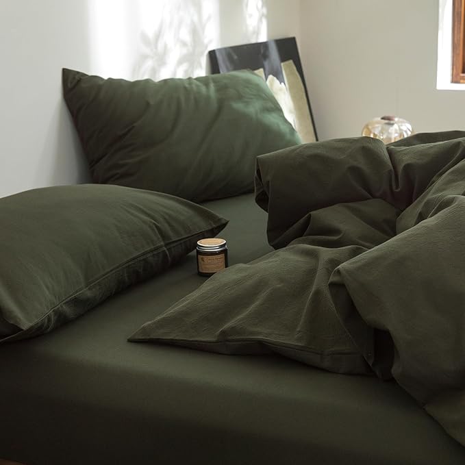FOSSA Duvet Cover Set 100% Washed Cotton Linen Feel Super Soft Breathable Cozy 3 Pieces Bedding Sets Solid Olive Green Queen