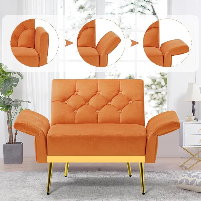 Velvet Accent Chair w/Adjustable Armrests and Backrests, Tufted Single Sofa with Ottoman, Upholstered Reading Chiar for Living Room, Apartment, Bedroom, Orange