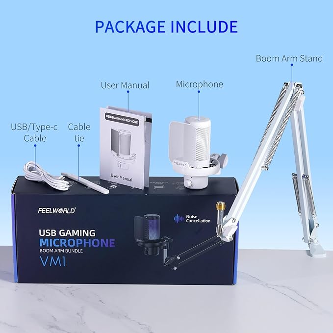 FEELWORLD VM1 White Gaming PC USB Microphone Condenser Mic with Noise Cancellation Mute RGB Light, Computer Accessories Gifts for Gamer YouTube Twitch Podcast Streaming Recording Online Chat PS4 PS5