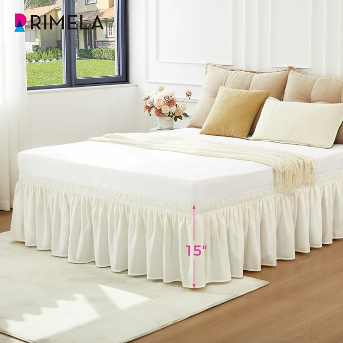 RIMELA Bed Skirts Full Size Ivory White Dust Ruffle 15 Inch Drop, Wrap Around Elastic Adjustable Bedskirt, Bed Skirt for Adjustable Bed Base, Soft Durable Fabric Machine Washable Easy to Install