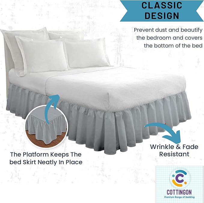 Cottingon Ruffled Bed Skirt with Split Corners-Dust Ruffle - 14" Drop 100% Microfiber Soft,Sheen & Luxurious Look - Bed Skirts (Light Grey -King)