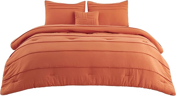 Bedsure King Comforter Set - 4 Pieces Pinch Pleat Bed Set, Burnt Orange Boho Bedding for All Season, 1 Soft Comforter, 2 Pillowcases, 1 Decorative Pillow