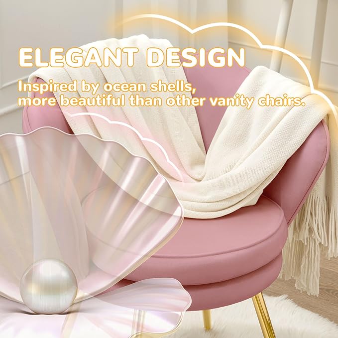 Accent Chairs Set of 2, Velvet Vanity Chair with Back, Mid-Century Modern Small Accent Chair for Living Room, Golden Metal Legs Upholstered Makeup Chair, Bedroom Armchair, Pink