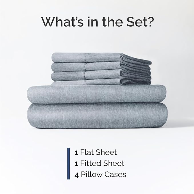 Cal King 6 Piece Sheet Set - Cooling & Breathable - Hotel Luxury Bedding, Includes Fitted Sheet for Women, Men, Kids & Teens - 1 Flat, 1 Fitted Sheet, 4 Pillowcases w/Deep Pockets - Heathered Blue