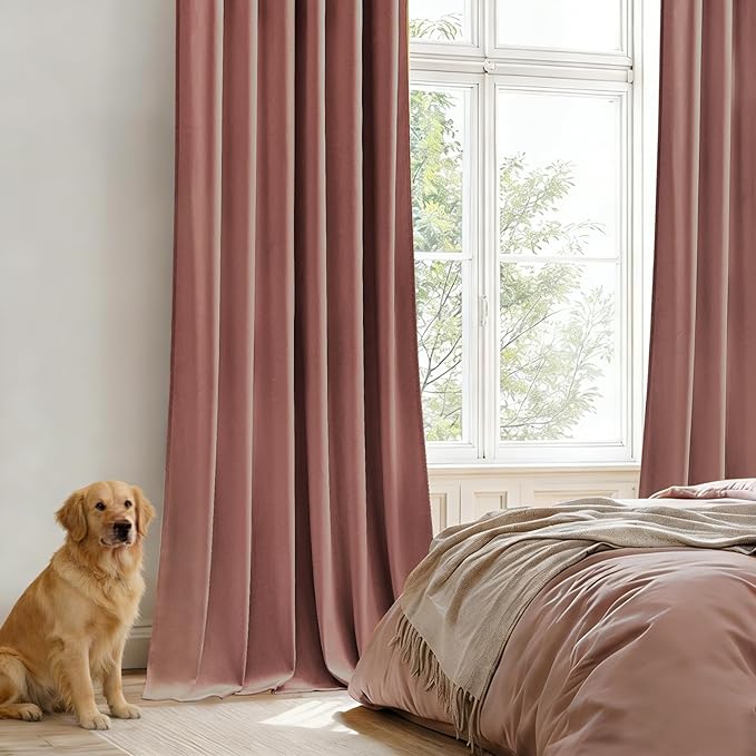 Dusty Rose Pink Velvet Curtains for Girls Bedroom Room Darkening Thermal Insulated Soundproof Curtain 102 Inches Long Cute Window Drapes for Living Room, Back Tab Rod Pocket, W52 x L102, 2 Panels