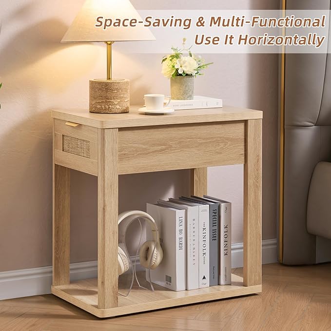 LEYAOYAO Narrow Side Table with Charging Station, 24x14''Rattan Night Stand with Drawer Storage, Natural Wood Bedside End Table for Small Spaces, Boho Nightstand for Living Room Bedroom