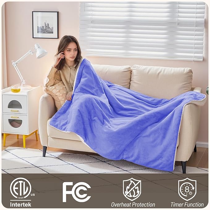 Heated Blanket Twin Size 62" x 84" - Soft Flannel Sherpa Electric Blanket Twin with 9 Heating Levels & 2-10H Auto Off, Machine Washable, Warm Gift for Grandma, Purple