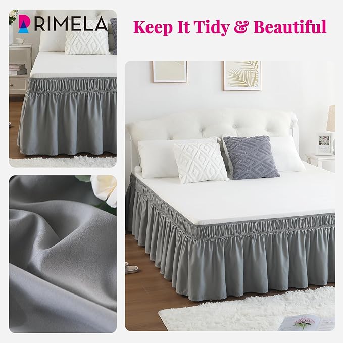 RIMELA Grey Queen Bed Skirt 18 Inch Drop,Elastic Bed Skirts Queen Size Dust Ruffle, Light Gray Bedskirt for Adjustable Bed Base Solid Wrinkle and Fade Resistant Silky Luxurious Fabric Machine Washable
