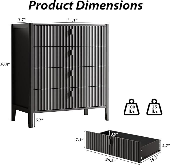 4 Drawer Dresser, Modern Chest of Drawers for Bedroom, Wood Fluted Dresser Organizer with Deep Drawers for Clothes, Nightstand for Bedroom, Hallway, Living Room, Entryway, Black