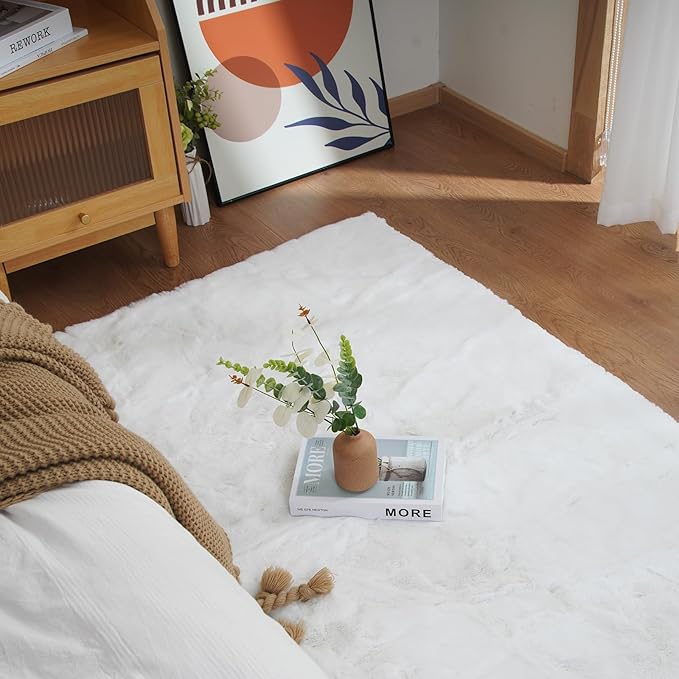 Latepis White Rugs Runners 2x6 Washable Small Shaggy Rug Soft Faux Rabbit Fur Bedside Furry Rugs for Bedroom Accent Rug for Kids Room Sofa Nursery