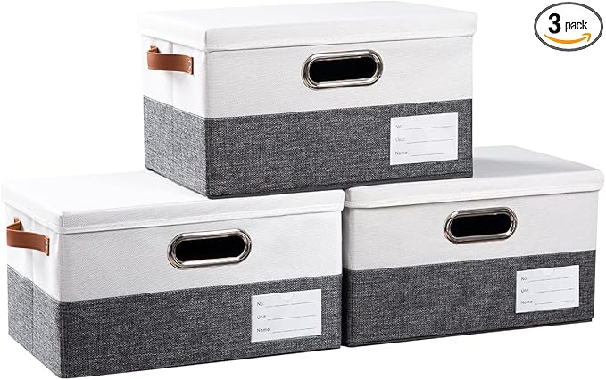 PRANDOM Storage Boxes with Lids [3-Pack] Linen Fabric Foldable Storage Bins Organizer Containers Baskets Cube with Cover for Closet Office Nursery Grey&White（11.4X8.6X6.7