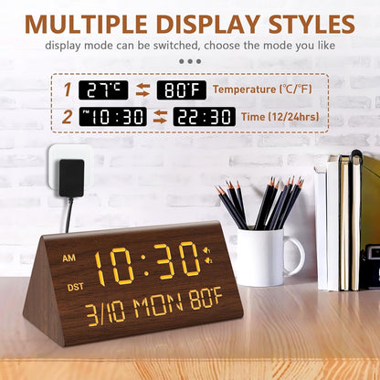 Kogonee Wooden Digital Alarm Clock, 0-100% Dimmer, 2 Alarm Settings, Weekday/Everyday Mode, 9 Mins Snooze, 12/24H, Temperature and Date Display for Office, Travel, Bedroom Alarm Clock (Brown)