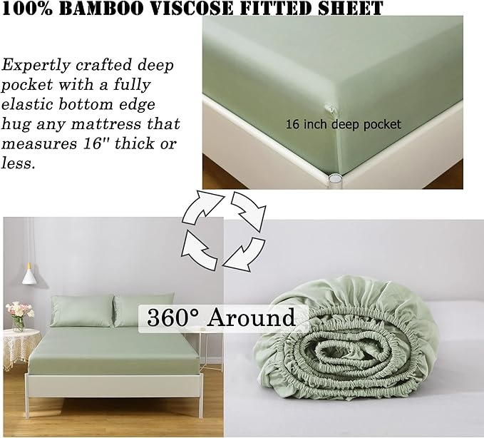 Linen World Cooling Bed Sheets Set Full Size,100% Organically Grown Viscose Sheets,Deep Pocket Up to 16",4 Pieces Silky Soft,Breathable Bedding Sheets & Pillowcases(Sage Green,Full)