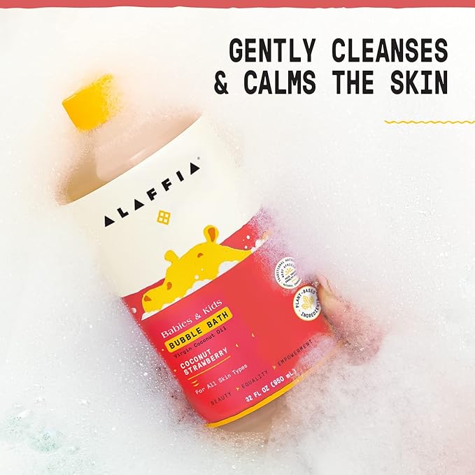 Alaffia Babies and Kids Bubble Bath, Gentle Baby Essentials for Delicate Skin, Cleansing & Calming Bubbles, Plant Based Formula, Vegan, Coconut Strawberry (2 Pack - 32 Fl Oz Ea)