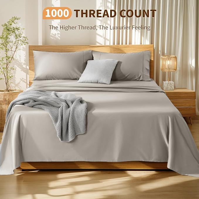 LBRO2M 100% Cotton Sheets Set Deep Pocket 19", 1000 Thread Count Full Size 4 Piece Bed Sheet Sets Soft Comfortable Bedding All Season (Full, Taupe)