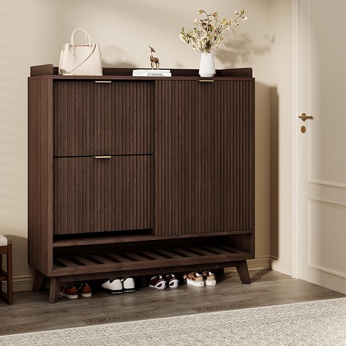 IDEALHOUSE Fluted Shoe Cabinet Storage with 2 Flip Drawers & Sliding Door & Adjustable Shelf Rack，Freestanding Wood Narrow Hidden Shoe Organizer for Entryway, Hallway, Living Room
