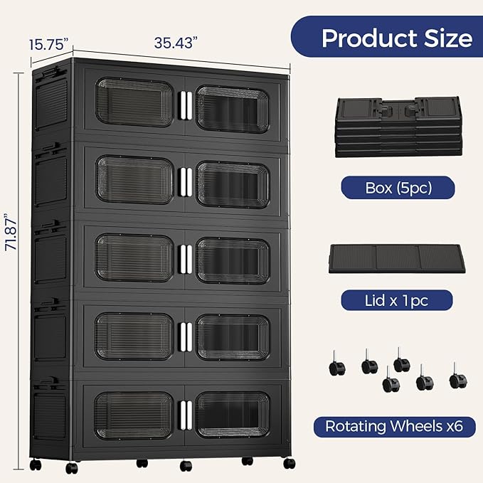 250 Gallon Extra Large Storage Bin with Lid and Wheels, Stackable Collapsible Plastic Storage Box with Door, Foldable Organizer for Closet, Kitchen, Office, Living Room, 5 Pack Black