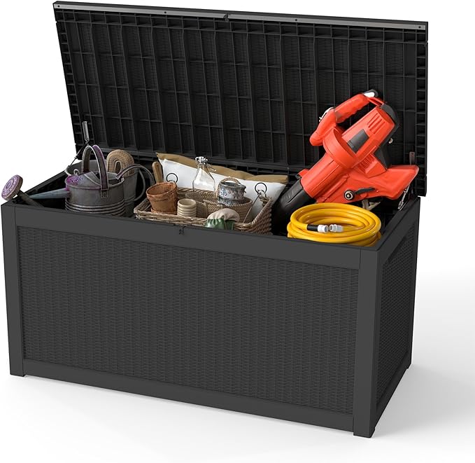 320 Gallon Outdoor Storage Box Waterproof, Resin Deck Boxes with Lockable Lid & UV-Resistant for Patio, Pool, Garden Furniture Cushions & Accessories, Black