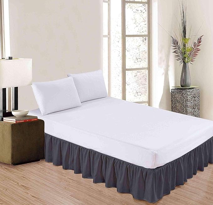 Dark Grey Solid Queen Size Ruffled Bed Skirt 12 inch Drop Split Corner, Microfiber Bedskirt with Platform Three Sided Coverage