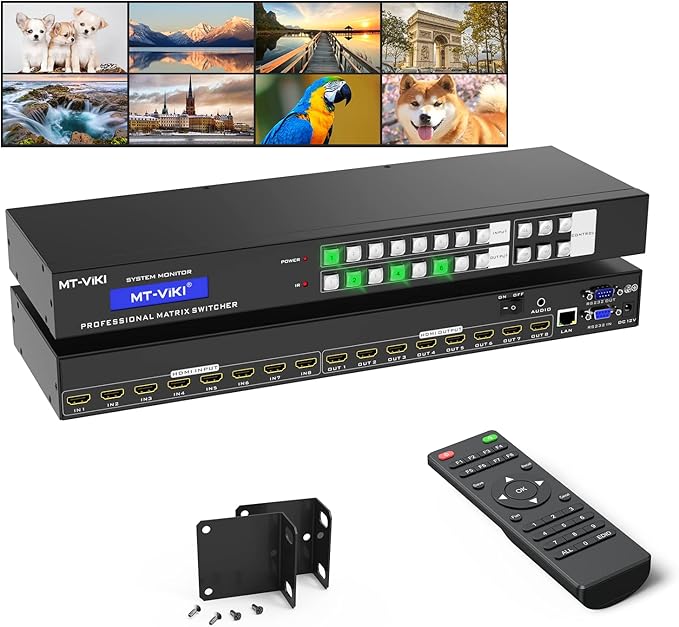MT-VIKI 4K HDMI Matrix Switch 8X8 w/Web GUI & 3.5mm Stereo Audio w/IR Remote, 4K@30Hz, Rack Mount Switcher & Splitter, EDID, RS232, LAN Port, APP