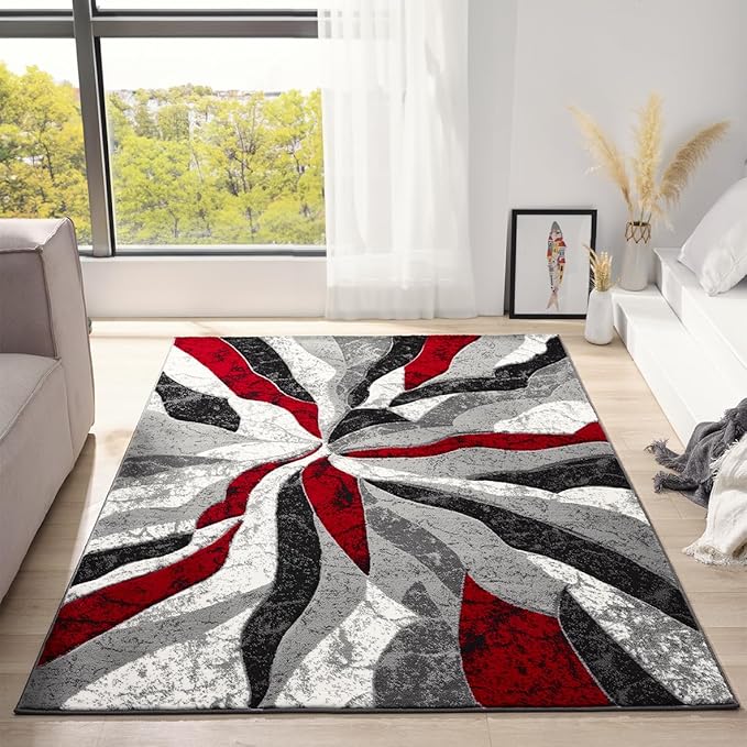 Modern Abstract Area Rug Hand Carved Contemporary Geometric Swirls Vibrant Colors Carpet for Living Room Bedroom Design PR1002 (Red, 5' x 7')