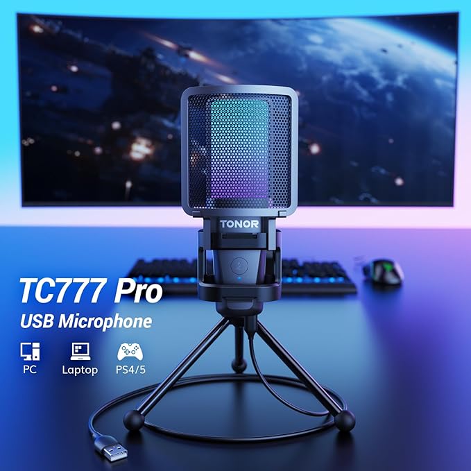 TONOR Gaming USB Microphone for PC, RGB Condenser Computer Mic with Tripod Stand, Quick Mute, Gain Control, for Gaming, Streaming, Podcasting, Recording, Cardioid Mic Kit for Laptop/PS4/PS5 TC777 Pro