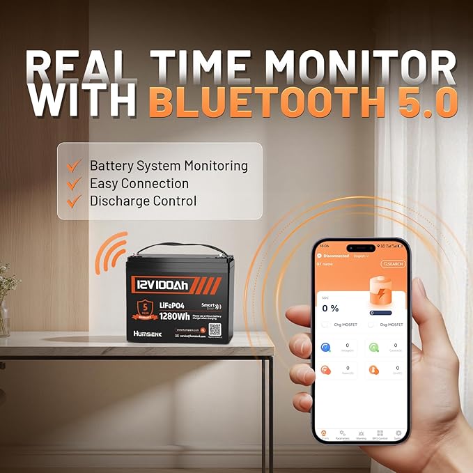 12V 100Ah LiFePO4 Lithium Battery with Bluetooth - 2PCS, BCI Group 24 15000+ Deep Cycle Battery, Built-in 100A BMS & Low-Temp Protection, for RV/Marine/Trolling Motor/Off-Grid/Home Backup