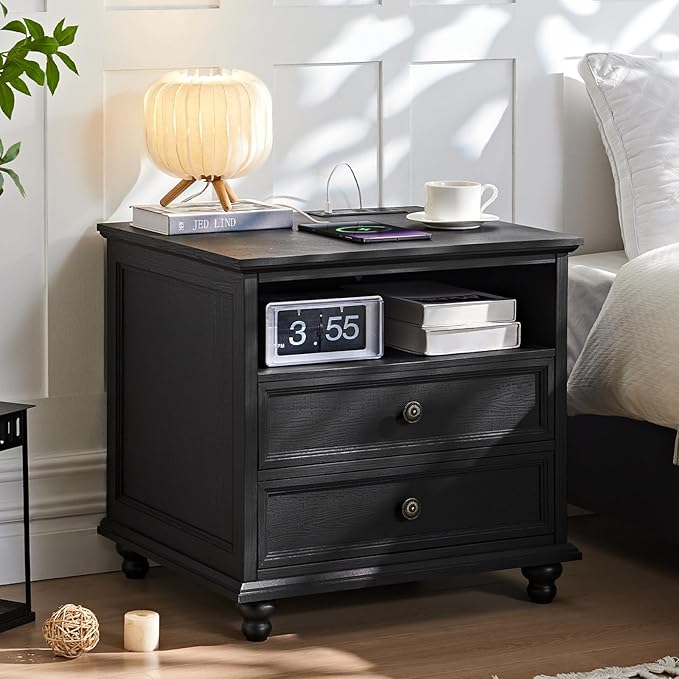 24" Wide Farmhouse Nightstand with Charging Station, End Table with 2 Drawers, Black Wood Dresser for Bedroom Cabinet, Bed Side Table Chest of Drawers, Night Stand for Living Room, Closet