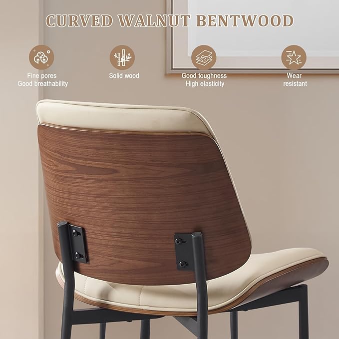 BV Mid Century Modern Dining Chairs Set of 2, Upholstered Pu Leather Accent Chair with Walnut Bentwood Back, Armless Kitchen Retro Chair for Dining Room, Living Room, Kitchen, Beige