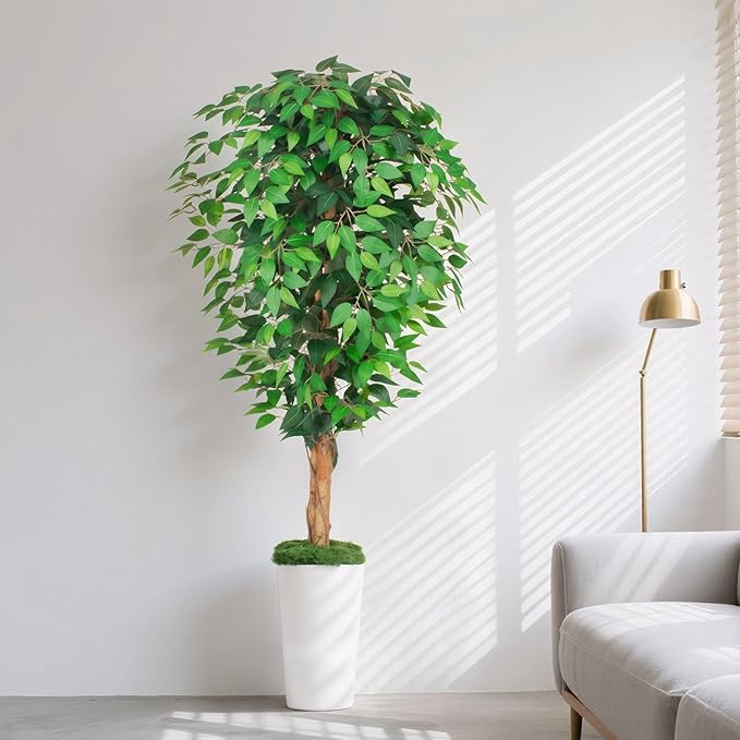 5ft Ficus Artificial Tree with 3 Natural Curved Trunks, 60" Tall Lush Faux Tree for Home Decor Indoor, Green Lifelike Fake Ficus Tree with White Planter Pot