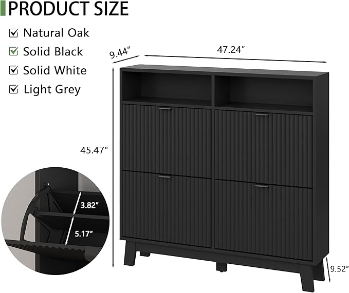Shoe Cabinet with 4 Flip Drawers, 46" Tall Narrow Fluted Shoe Storage Organizer for Entryway, Hidden Slim Wooden Shoe Rack Cabinet for Front Door Entrance, Hallway, Living Room, Solid Black