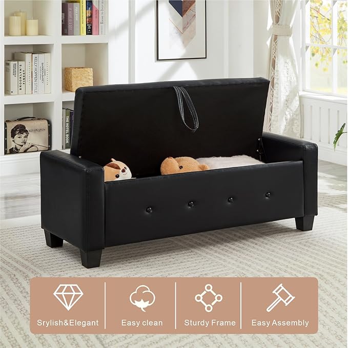 48“ Storage Ottoman Bench, Upholstered Button-Tufted End of Bed Bench with Soft-Close Hinge & Solid Wood Legs, Foot Rest for Living Room, Bedroom, Hallway (Faux Leather, Black)
