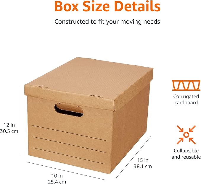 Amazon Basics Moving Boxes with Handles and Lids, 15x10x12 in, Brown, 20 Pack