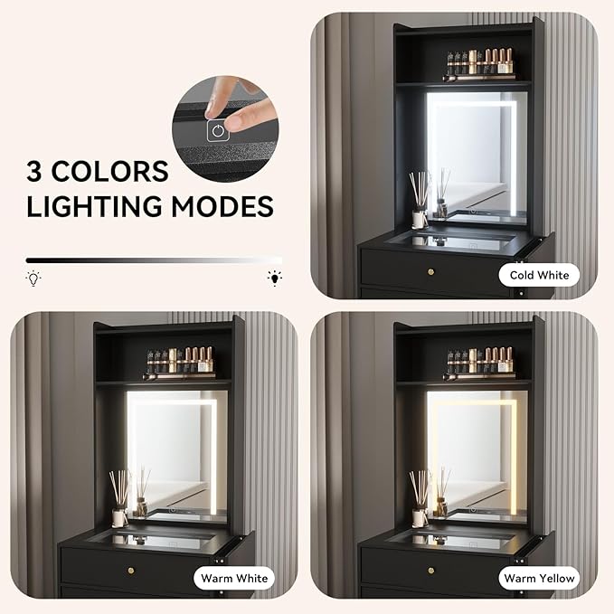 ARTETHYS Small Vanity Desk Set with 3 Adjustable Lighted Mirror and Storage Chair Mini Black Makeup Vanities Set for Bedroom Compact Make up Dressing Table with Fold-up Panel for Tiny Space